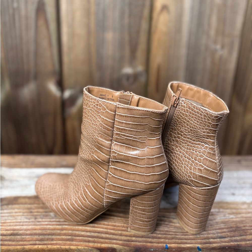 Tan Croc-Embossed Ankle Boots